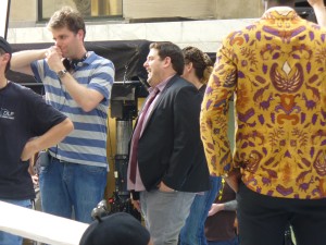 Jonah Hill and GET HIM TO THE GREEK writer/director Nicholas Stoller share a laugh between set-ups.